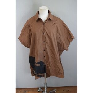 ELLAZHU Oversized Shirt Tunic Brown One Size Print Button Down Tunic Lagenlook